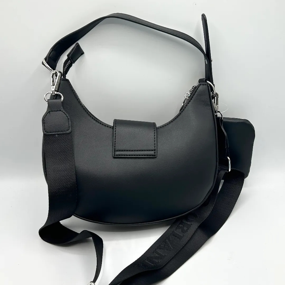 Black Shoulder Bag Set with Mini Pouch and Silver Hardware - Picture 2 of 3